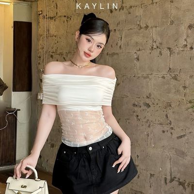 [SALE SỐC] Áo kiểu KAYLIN trễ vai phối ren nơ tay dài chất vải thun lụa mỏng nhẹ phong cách gợi cảm - N2257