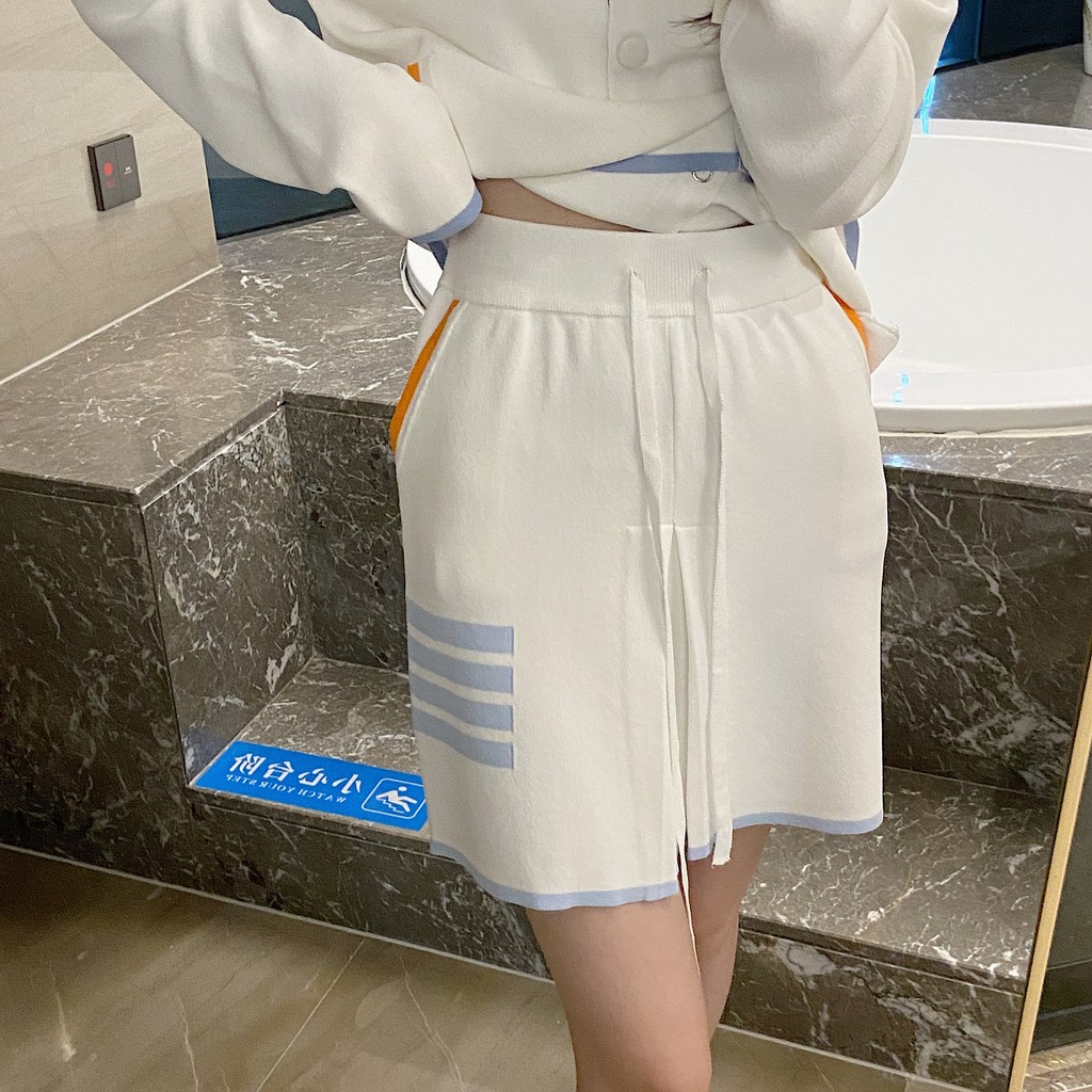 HUGJ Thom Browne Ladies25Spring and Summer Four-Stripe Knitted Ice Linen Casual Bodycon Short Skirt 