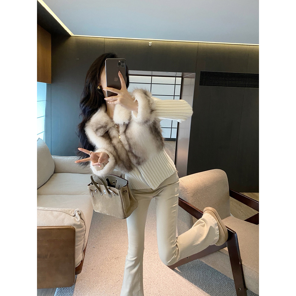 PNDM Fake Two-Piece Knitted Patchwork Mink Fur Coat for Women, Autumn and Winter Elegant Slim Fit Sh