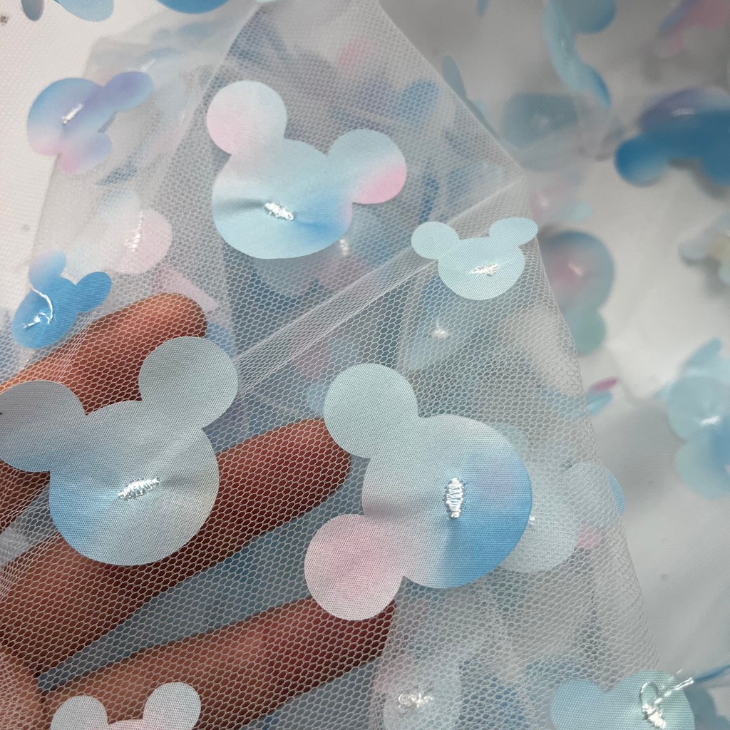 Gạc Trắng Ba Chiều Thêu Laser Hoạt Hình Avatar Ren Vải Xanh Hồng Gradient Mickey Avatar Fabri