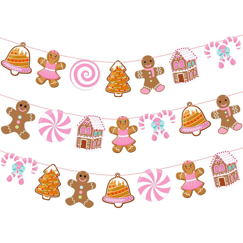 Gingerbread Christmas Decorations Pink Gingerbread Theme Banners 2PCS Christmas Candy Decor Gingerbr