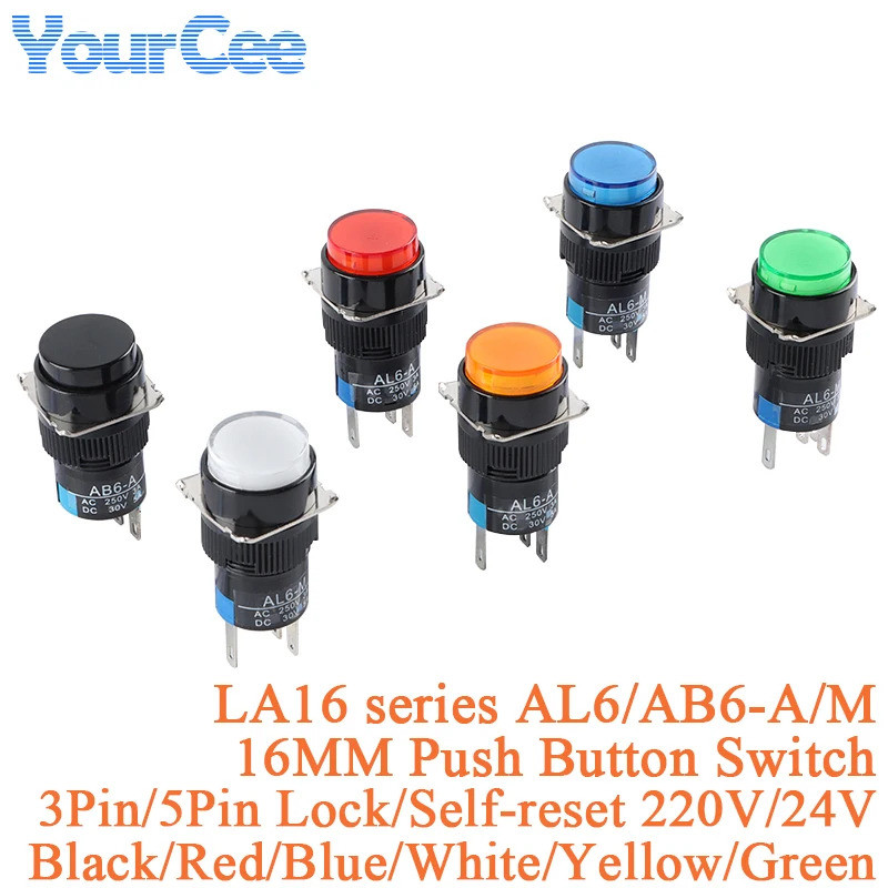 LA16 Series AL6 / AB6-A / M Công tắc nút nhấn 16MM 3 / 5Pin Lock / Tự đặt lại Tròn có / không có đèn