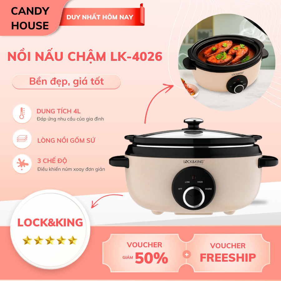 Nồi Nấu Chậm Lock&King LK-4026 Dung Tích 4L Lòng Gốm Ceramic Chống Dính Nấu Cháo, Hầm Xương, Kho Cá
