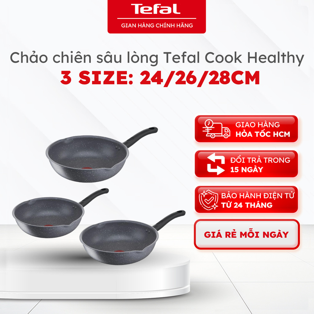 Chảo chiên sâu lòng Tefal Cook Healthy 3 size 24/26/28cm - Bảo hành 24 tháng [HOẢ TỐC HCM]