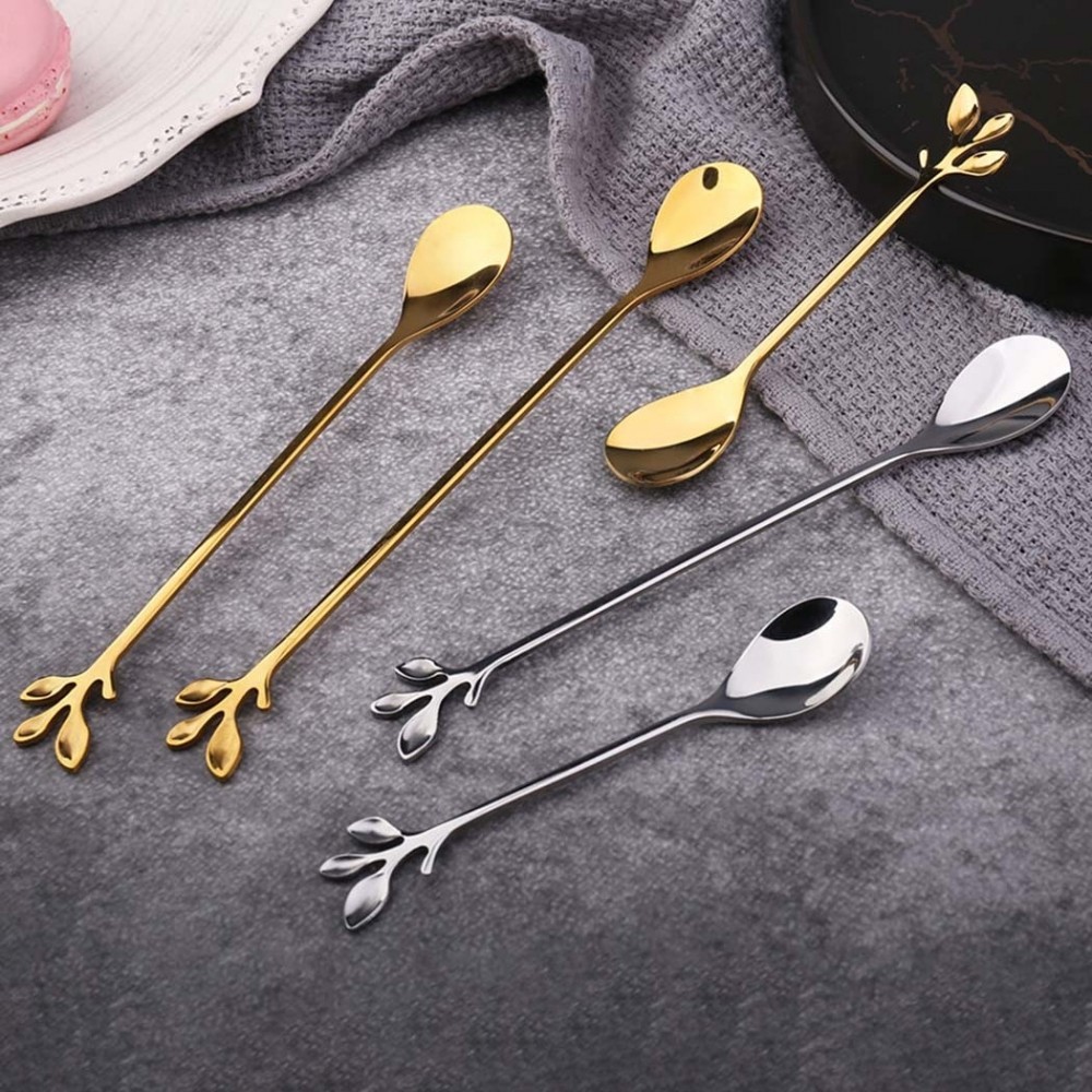 [NISO]Leaf Metal Coffee Spoon and Delicate Three Prong Fork Set Ideal for Mini Cakes