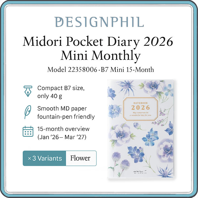 Midori Pocket Diary 2026 Mini Monthly Planner B7 15-Month Compact Journal with MD Paper & Pen Holder
