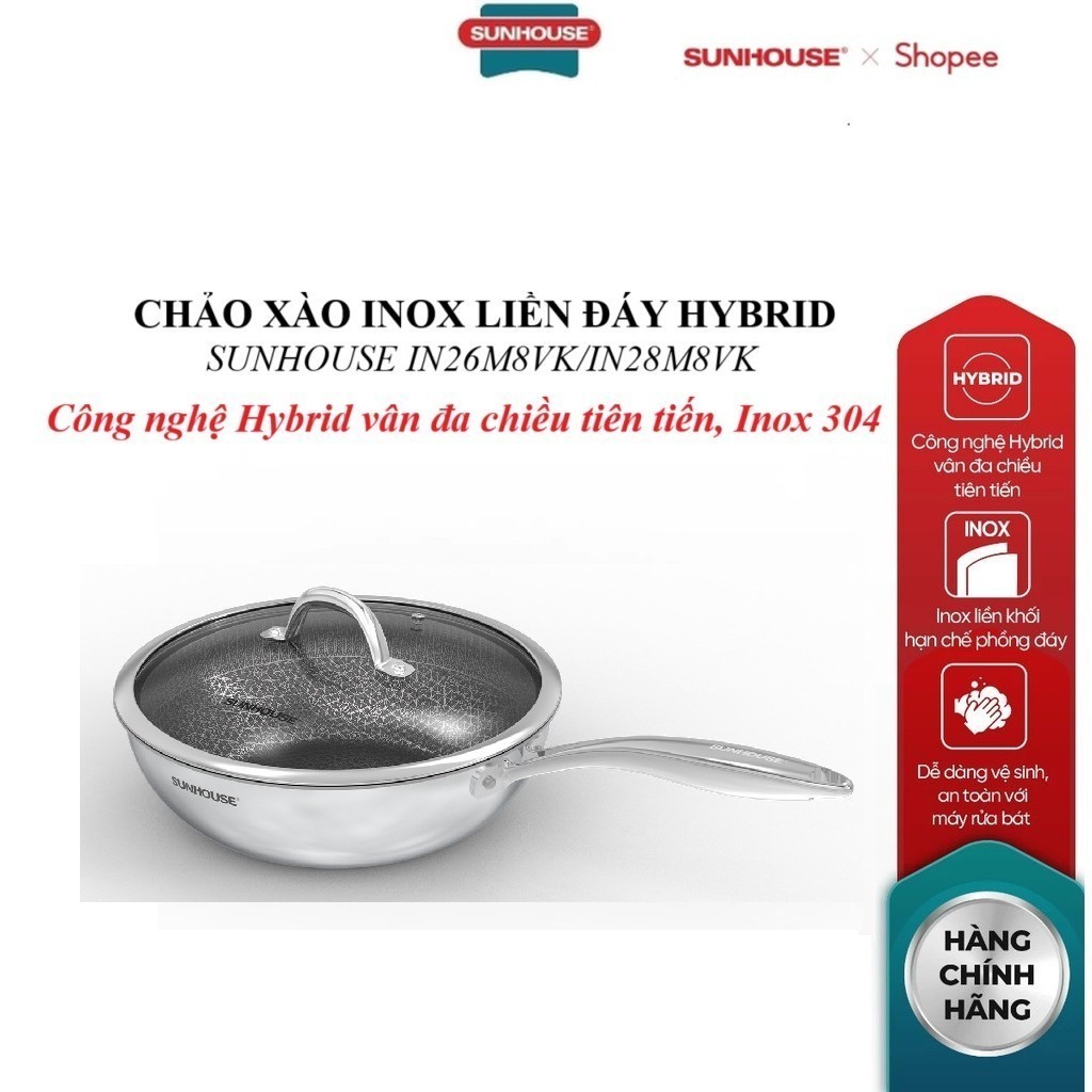 Chảo xào inox liền đáy Hybrid Sunhouse IN26M8VK/N28M8VK, Công nghệ Hybrid vân đa chiều tiên tiến, In