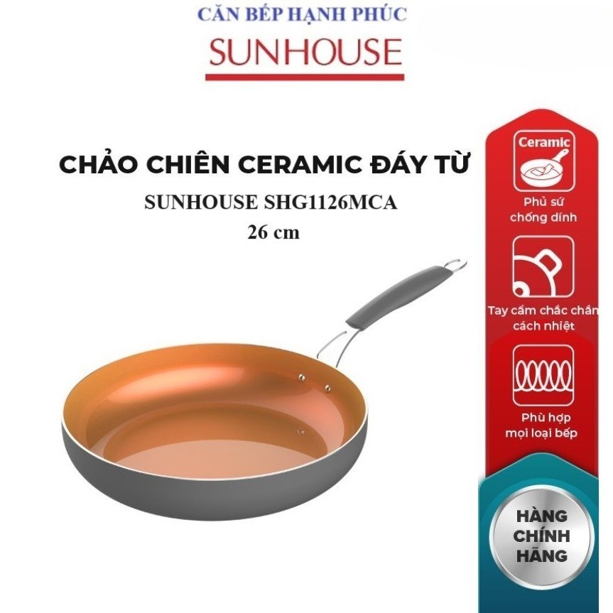 Chảo chiên Ceramic đáy từ SUNHOUSE SHG1126MCA, SHG1128MCA, SHG1130MCA, Phủ sứ chống dính, Tay cầm in