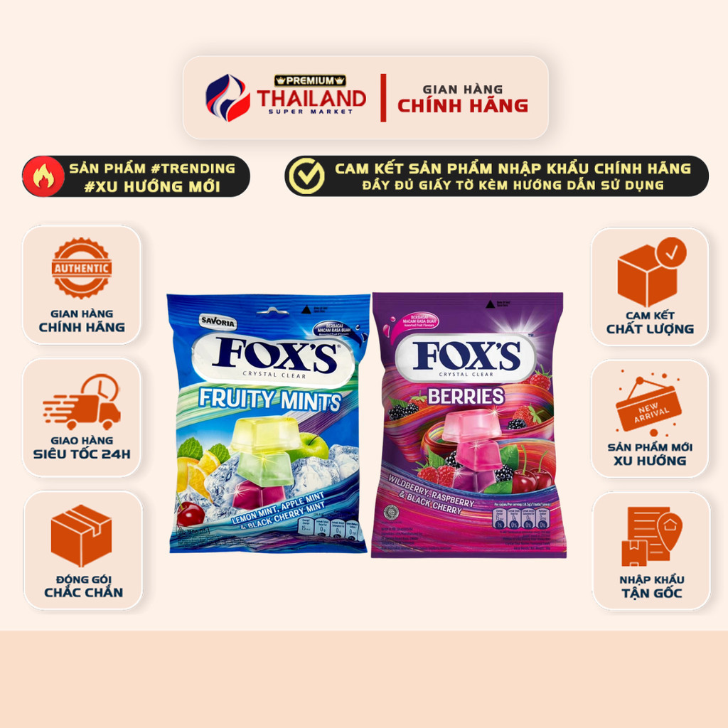 [GÓI 90gr] Kẹo Fox's Crystal Clear 2 Vị Fruity Mints, Berries Candy