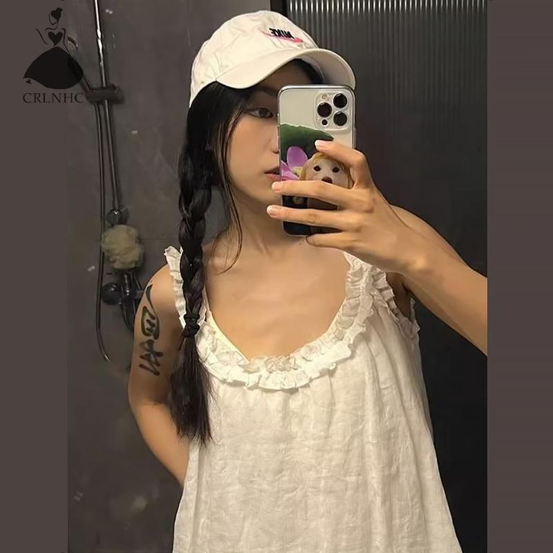 Crlnhc Bộ Đồ Ngủ Trắng Ngọt Ngào Không Tay Đầm Thường Ngày Ruffles Váy Ngủ Vn