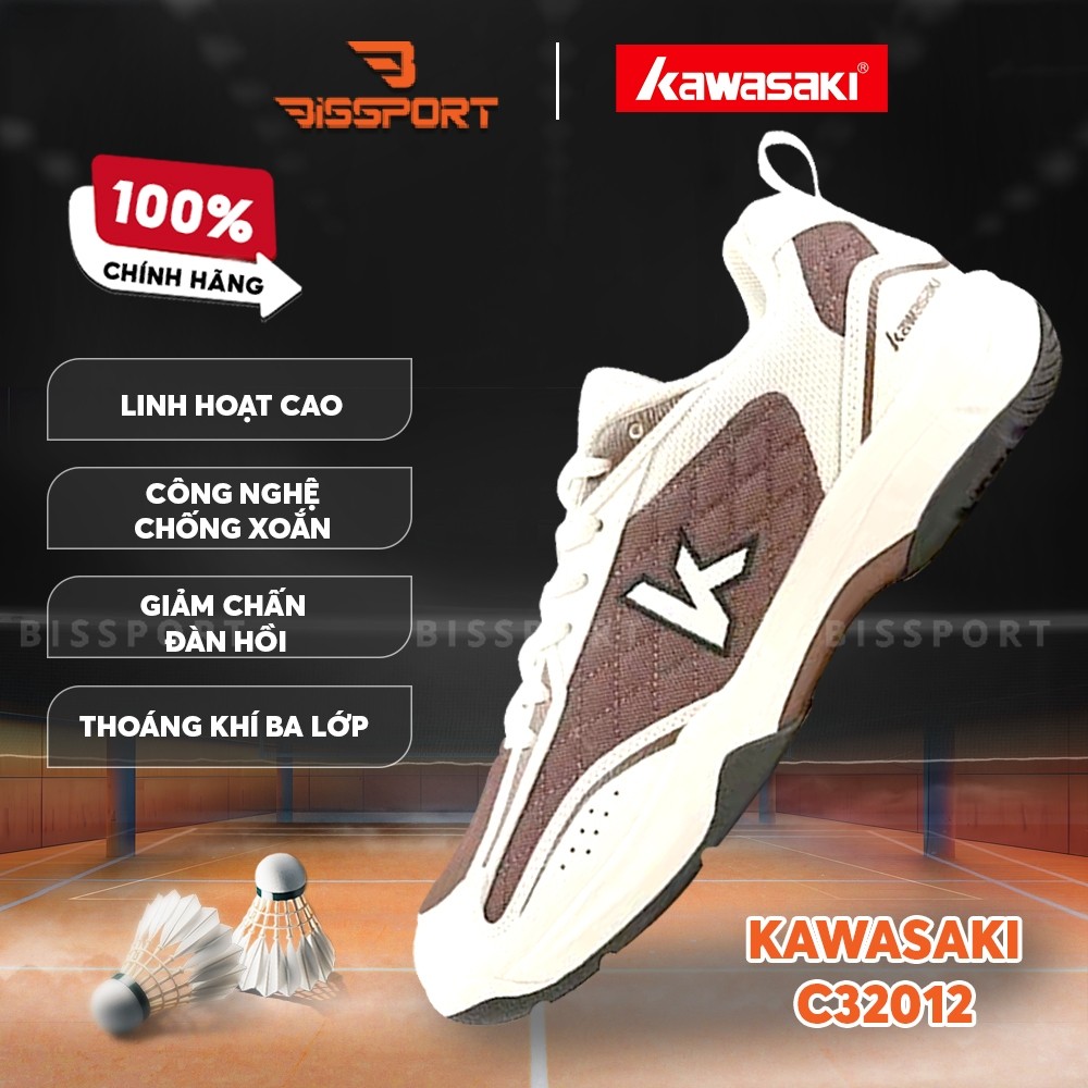 Giày Cầu Lông Kawasaki C32012 Chính Hãng - Trắng Nâu - Chống Chấn Tốt - Đế Bám Sàn - Thoáng Khí - Bề