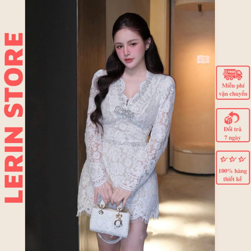 Váy Ren Lưới Hoa Nổi Đính Đá LECOONG V840 Đầm Đẹp Cổ V Kèm Nơ Ngực Dài Tay Sang Chảnh