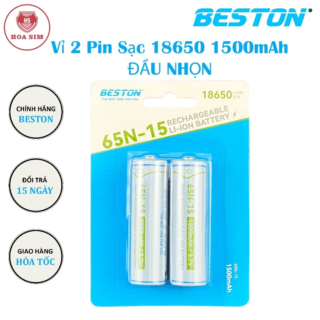 Vỉ 2 Viên Pin Sạc 18650 3.7V ĐẦU NHỌN- BESTON 1500mAh