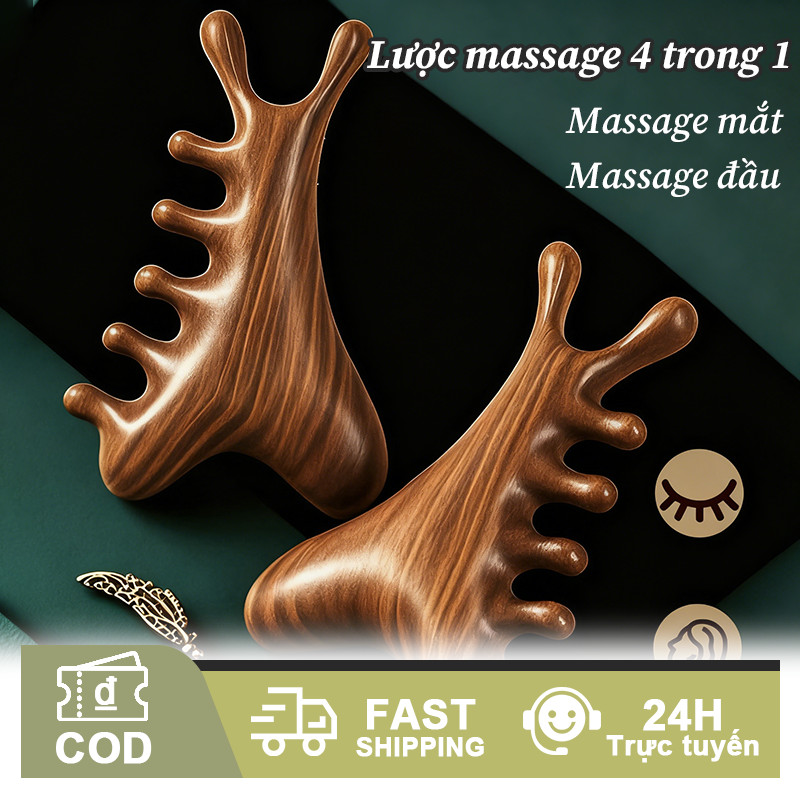 Lược Gỗ Đàn Hương Massage Da Đầu 4 Trong 1- Massage Đầu, Mặt, Cổ & Toàn Thân, Giảm Căng Thẳng & Đau Đầu