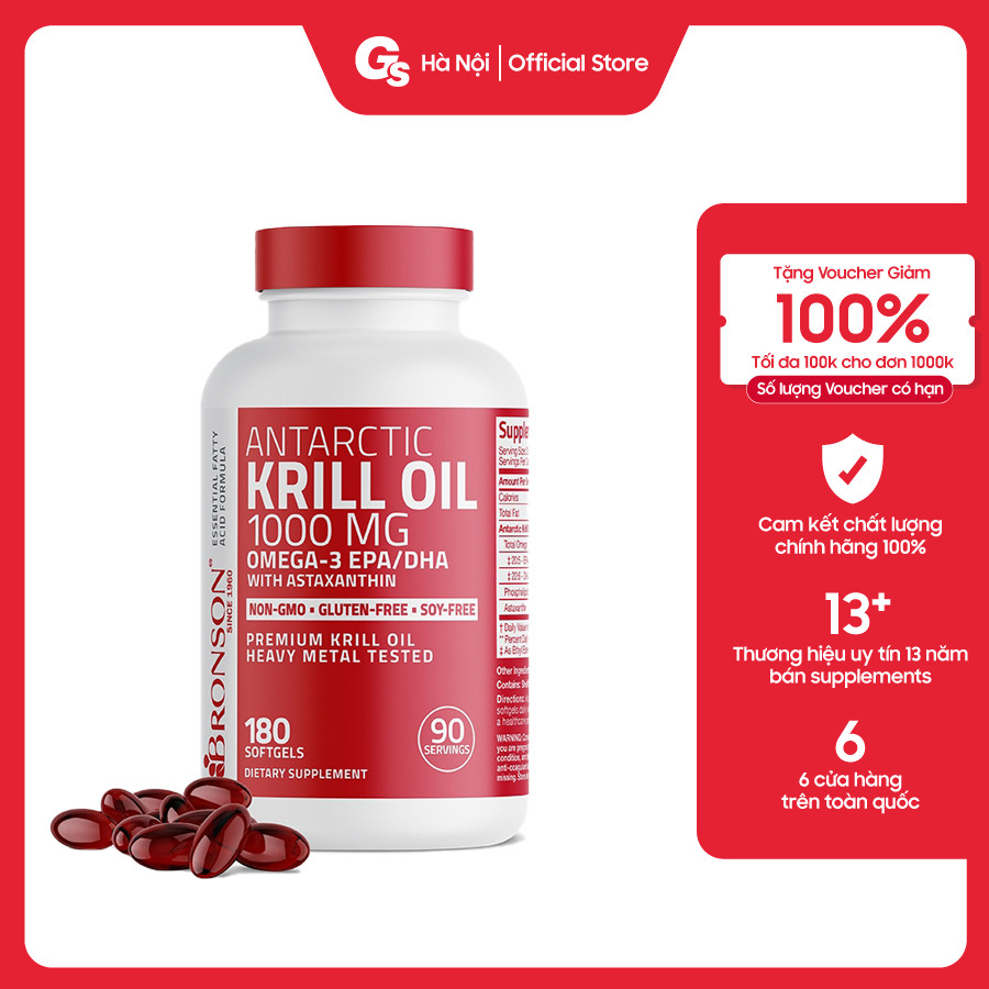 Dầu nhuyễn thể Bronson Antarctic Krill Oil 1000mg giúp chống lão hóa, cải thiện trí nhớ, tim mạch