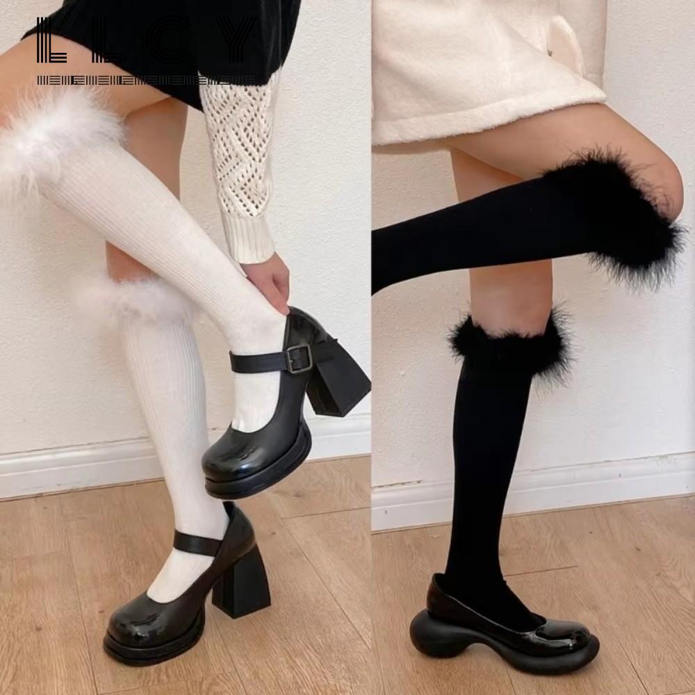 Tất cao đến đầu gối lông vũ, thiết kế Gothic Boots, giữ ấm và thời trang theo phong cách học sinh Nh