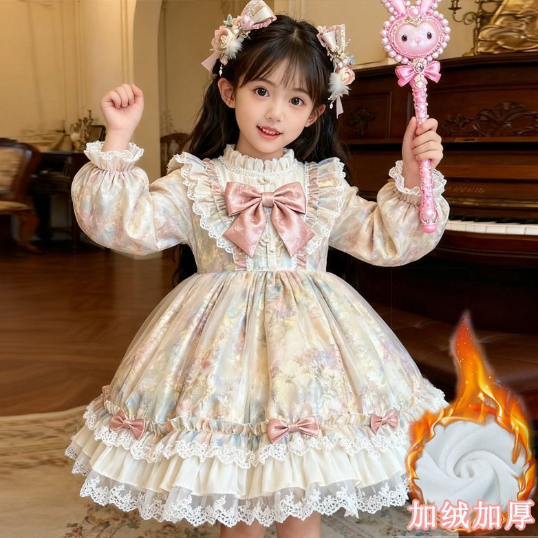 Nơ Thu Đông Đầm Công Chúa Cổ Pettiskirt Phong Cách Mới Cô Gái lolita Đầm Công Chúa Trẻ Em lolita Đầm