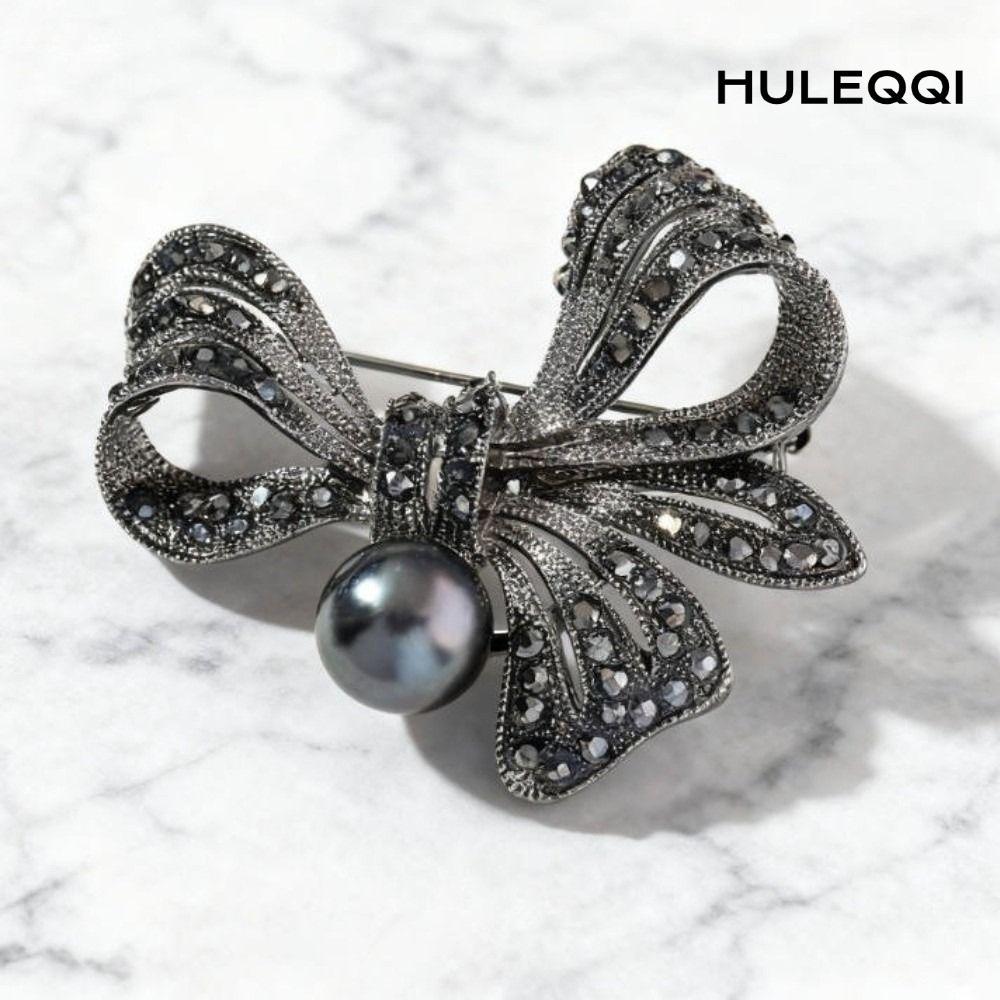 HULEQI Nơ cài áo đen pha lê sáng, phù hợp cho đám tang và trang sức vintage