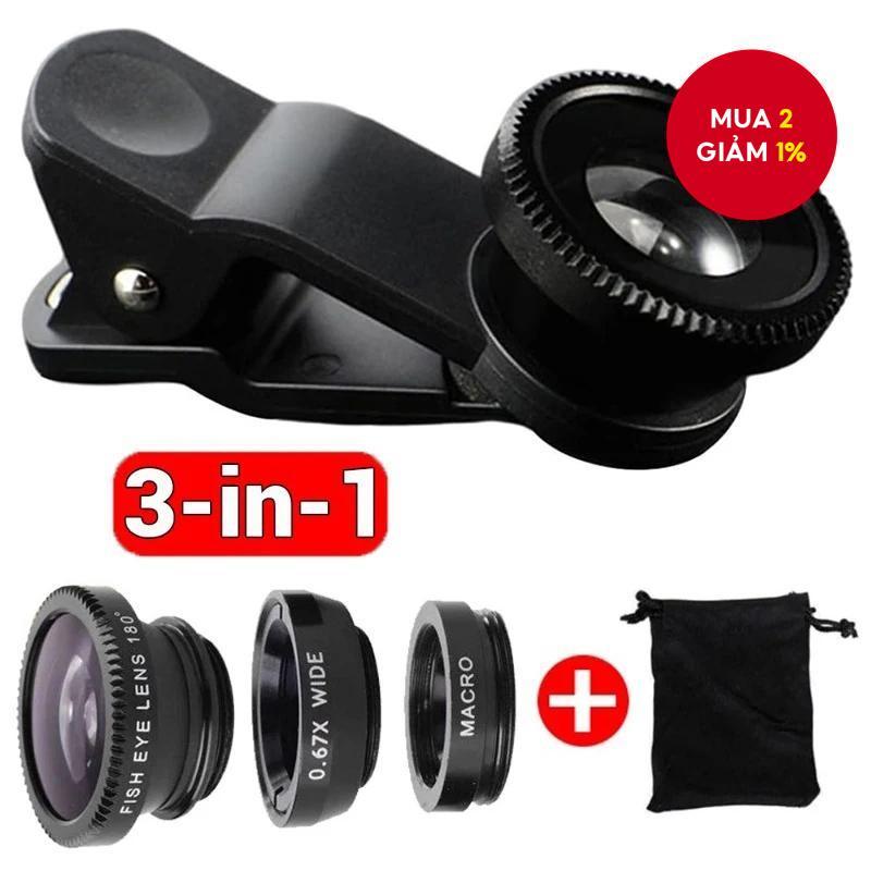 Kính ống kính 3in1 Fisheye, góc rộng cho điện thoại iPhone Xiaomi Redmi, 3IN1 Zoom Fish Eye Lens trê
