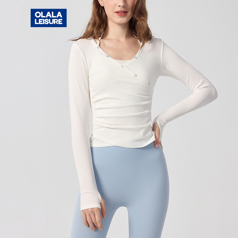 OLALA Thể thao dài tay cổ chữ V xếp li Pilates Yoga Fitness