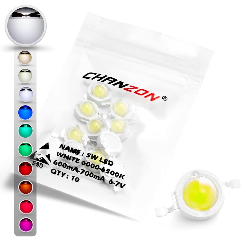 CHANZON 10 chiếc Chip Led công suất cao 5W Trắng (6000K - 6500K / 600mA - 700mA / DC 6V - 7V / 5 Wat