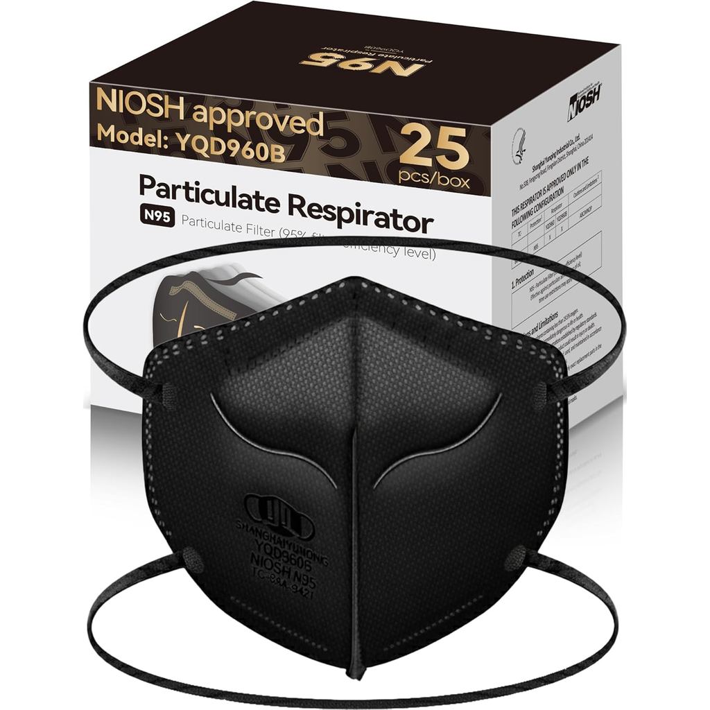 Khẩu trang N95 NIOSH được phê duyệt dành cho người lớn, 25 gói được bọc riêng, Mặt nạ phòng độc hạt 