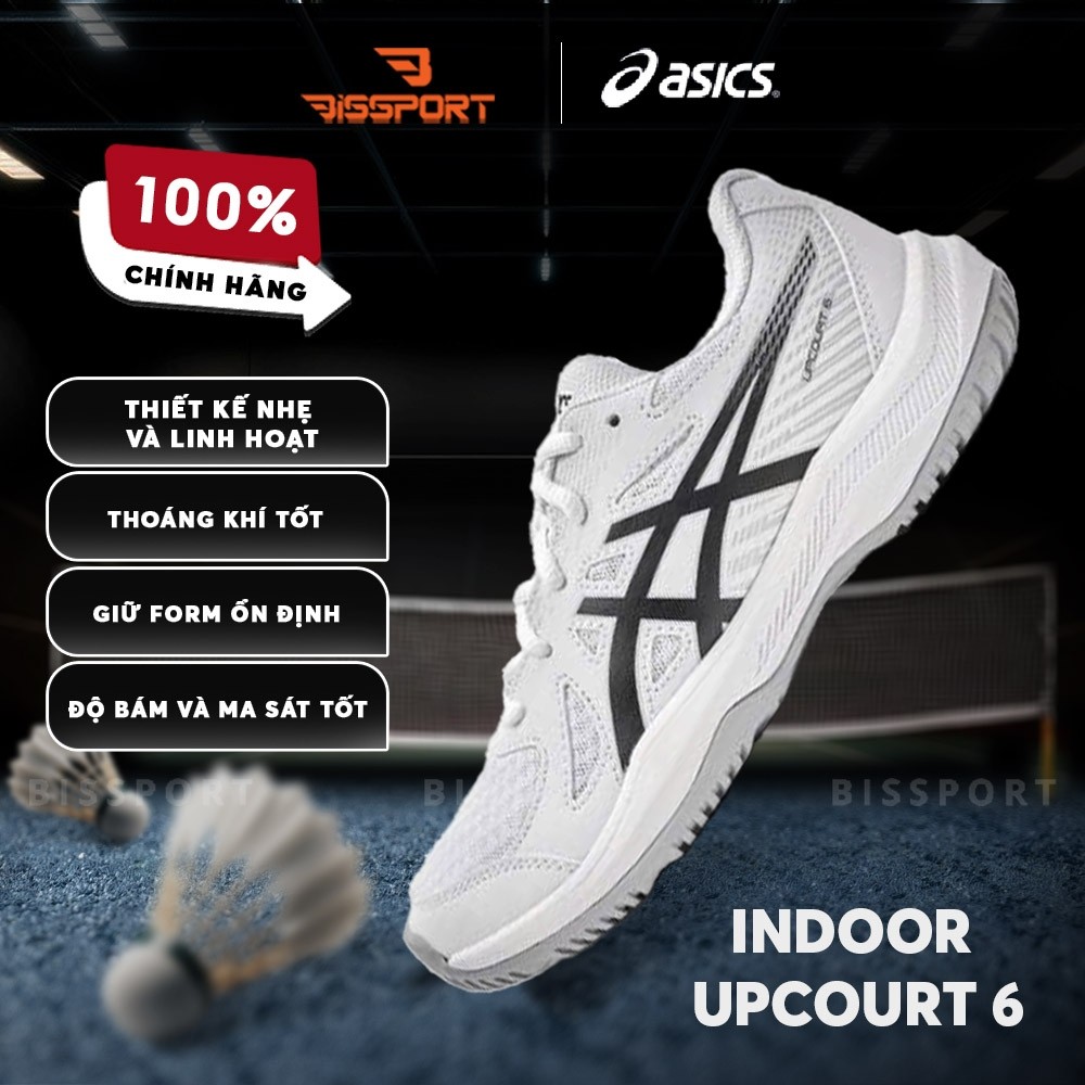 Giày Bóng Bàn/Cầu Lông Asics Upcourt 6 Trắng Đen Chính Hãng - Bền Bỉ - Giảm Chấn - Êm Ái - Thoáng Kh