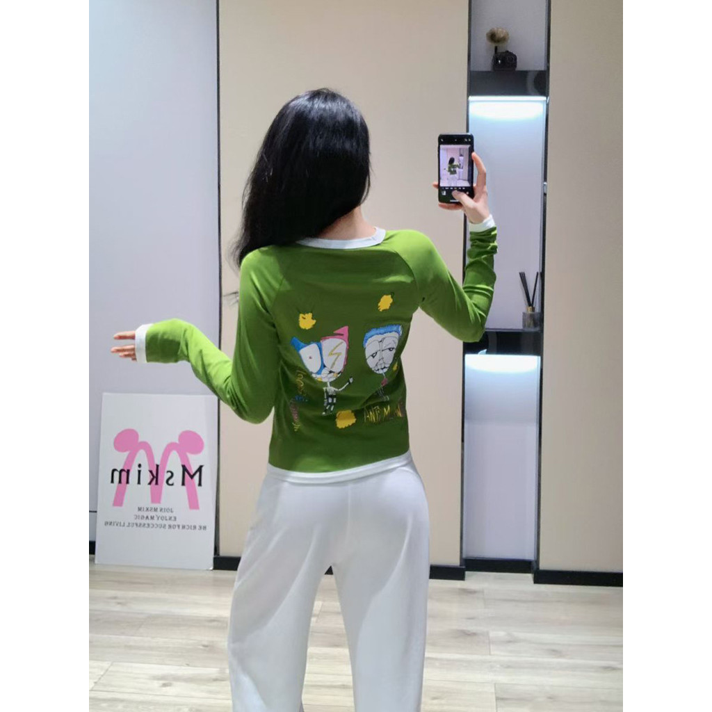 LP0P Letter Graffiti Print Color-Block Base Shirt Long Sleeve T Women's Shirt Color Block Collar Sli