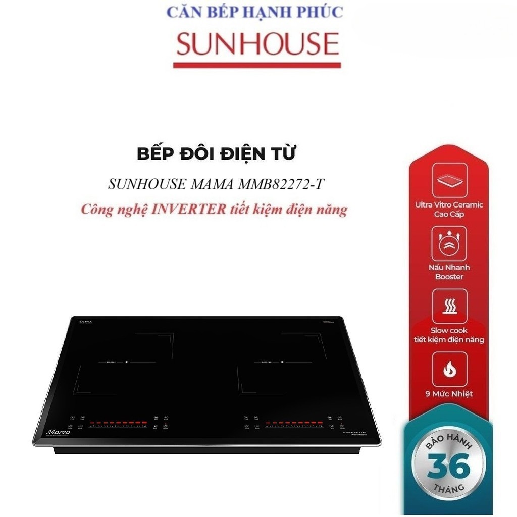 BẾP ĐÔI ĐIỆN TỪ SUNHOUSE MAMA MMB82272-T , Booster nấu nhanh - 9 mức chỉnh, có tính năng slow cook, 