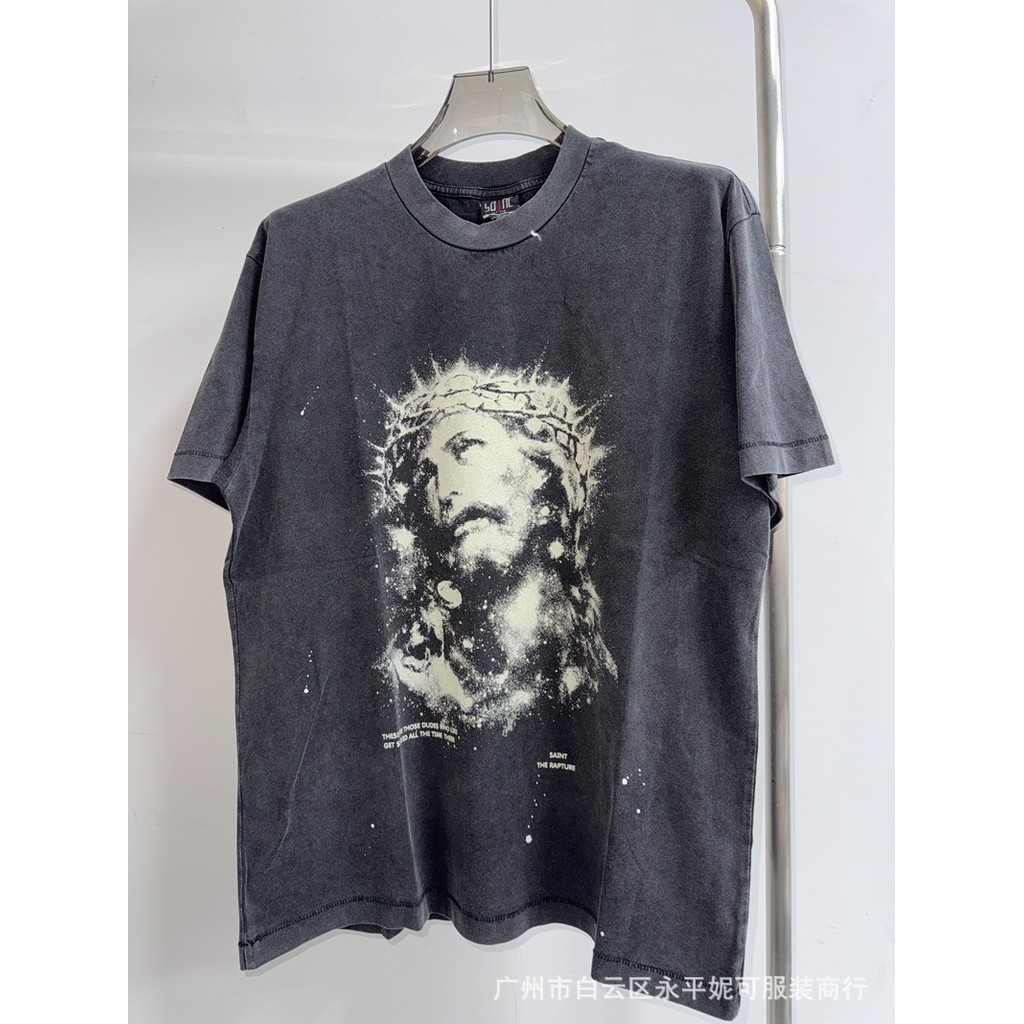 DVHB SAINT MICHAEL JESUS Luminous TEE Luminous Jesus Print Washed Distressed Short Sleeve T Shirt