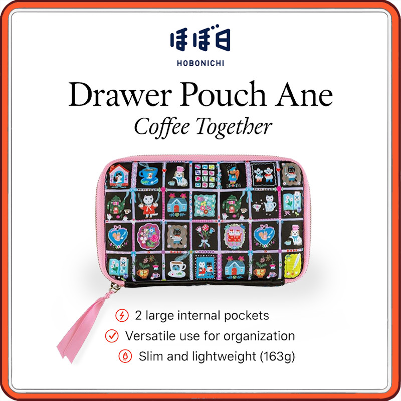 Hobonichi Drawer Pouch – ‘Coffee Together’ by Yumi Kitagishi | Ane & Petite Sizes | Multi-Purpose Tr