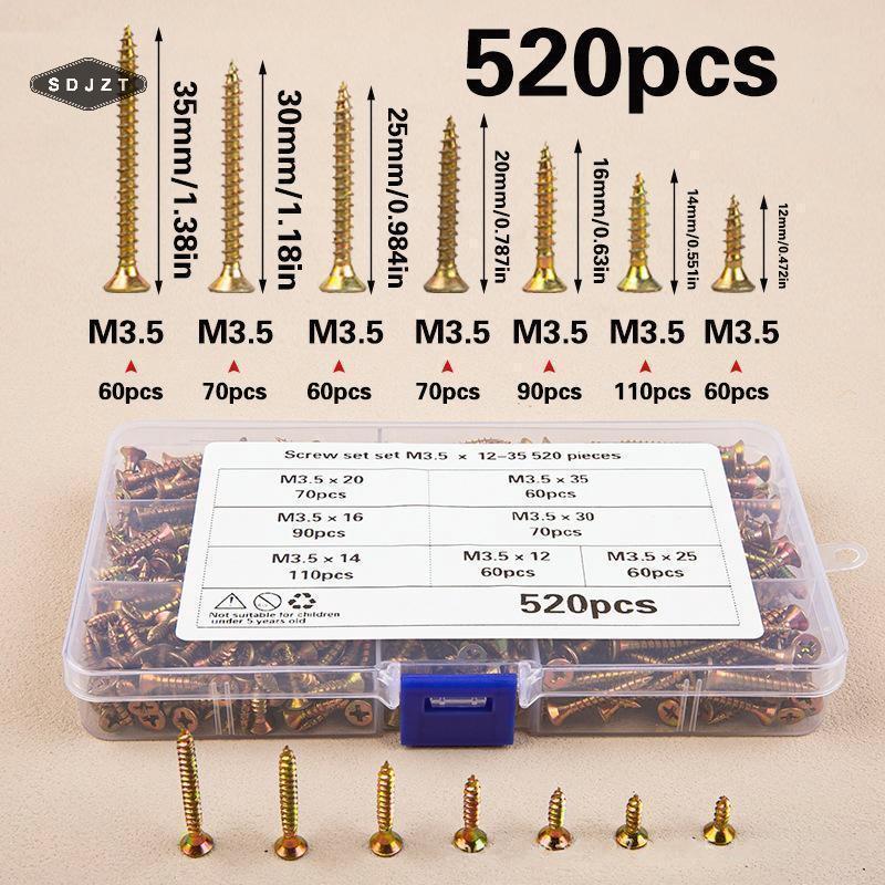 < SDJZT > 520 Cái M3.5 Đầu chìm Bộ vít tự khai thác Bộ vít mạ kẽm màu Bộ vít mạ kẽm để chế biến gỗ T