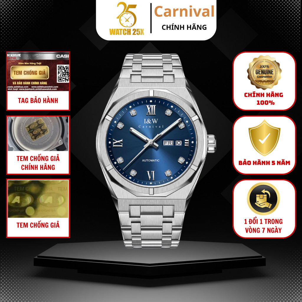 Đồng Hồ Cơ Nam Carnival 751G-VT-X Watch25x - Lịch Ngày Thứ Vỏ Thép Thể Thao Màu Xanh Biển.