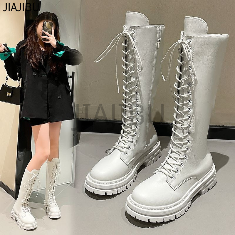 Size 35-43 Giày Bốt Nữ Cỡ Lớn Chất Lượng Cao Giày Bốt Mô Tô Buộc Dây Gót Dày Màu Trắng Ngà/đen Mũi T