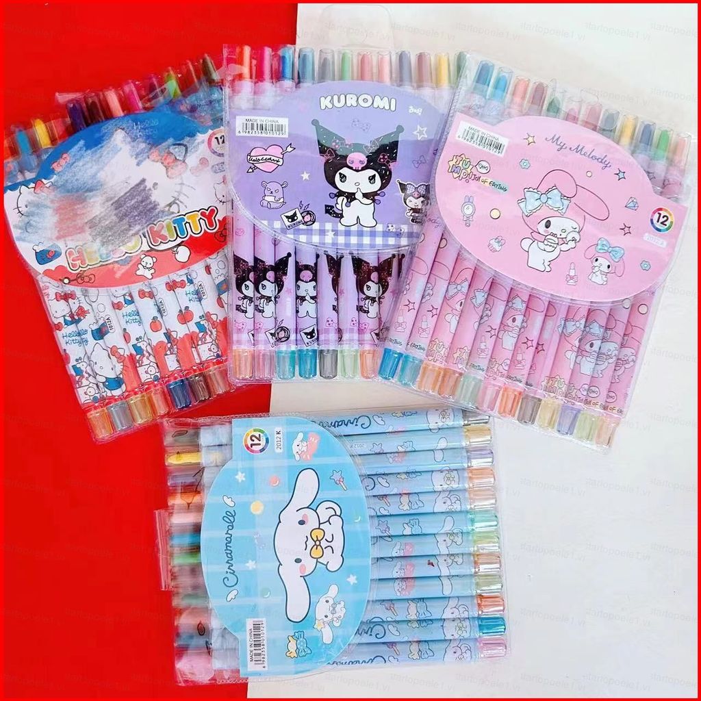 Sanrio Crayons 12 màu dễ thương Trẻ em Quà tặng cọ sơn dầu pastel Dài Crayons Văn phòng phẩm khởi độ
