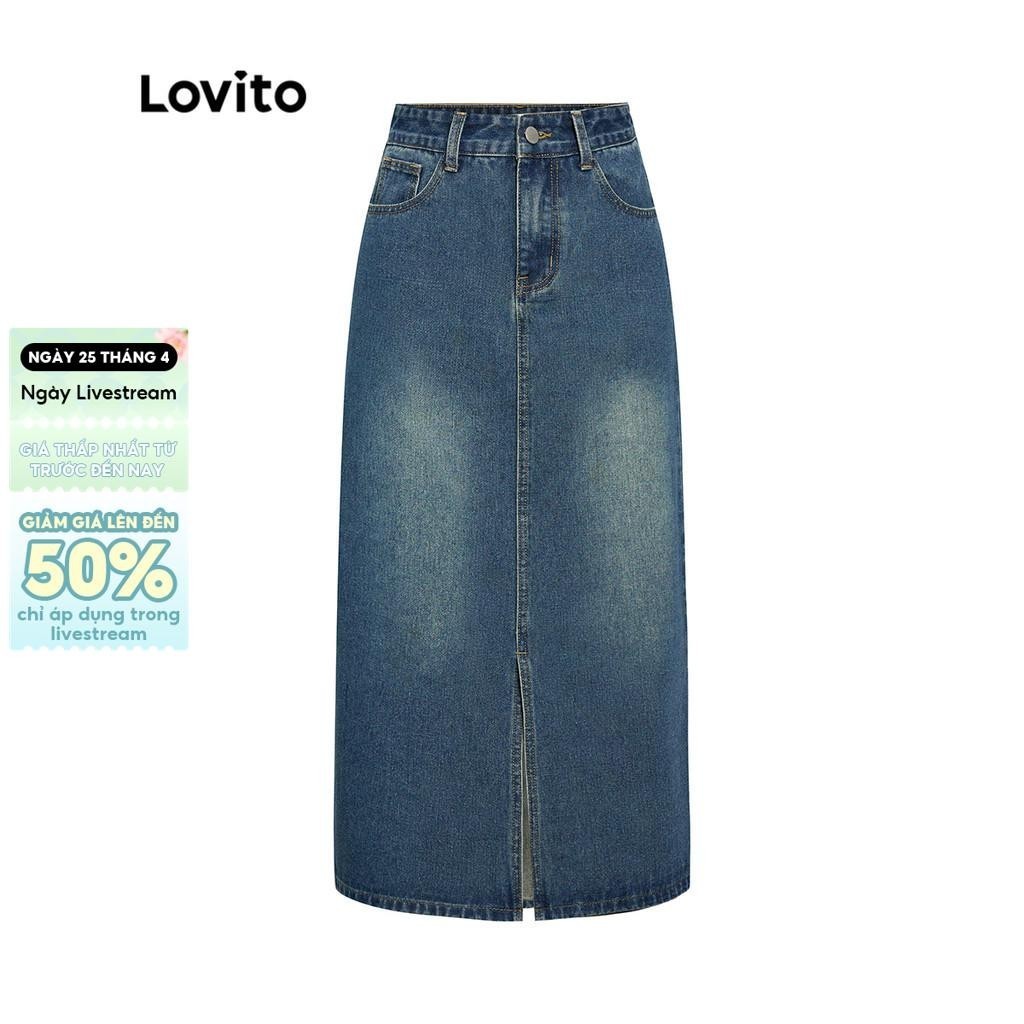 Lovito Váy Midi Denim Xẻ Tà Trơn Thường Ngày Cho Nữ Mùa Hè/xuân L39AD079