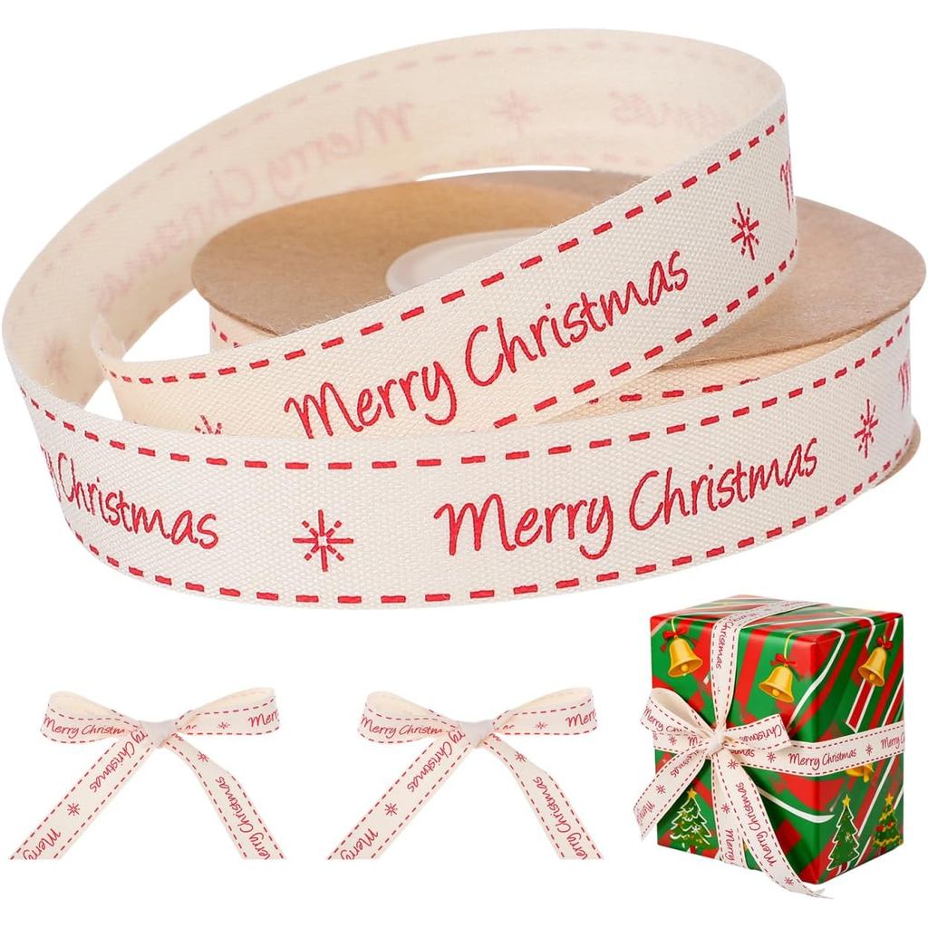 Ruy băng Giáng sinh vui vẻ, 1 cuộn ruy băng bông trắng để gói trang trí nội thất, in trong suốt, 32,