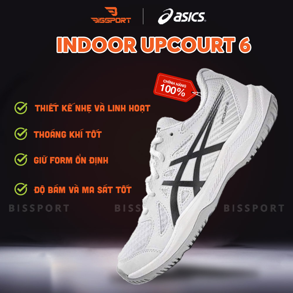 Giày Bóng Bàn/Cầu Lông Asics Upcourt 6 Trắng Đen Chính Hãng - Chống Lật Tốt - Ổn Đinh - Thoáng Khí -
