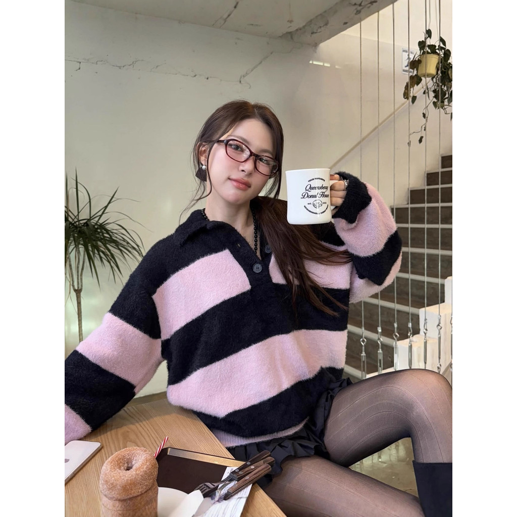 IQEU Lartigent Striped Knitwear POLO Loose Casual Collared Sweater JENNIE Same Style Lazy Style Knit