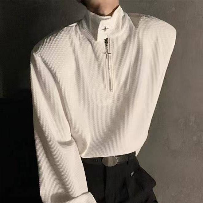 2026 Waffle Stand Collar Half Zip Sweater Ins Niche Design Metal Loose Zip Pullover Spring Coat duZ6