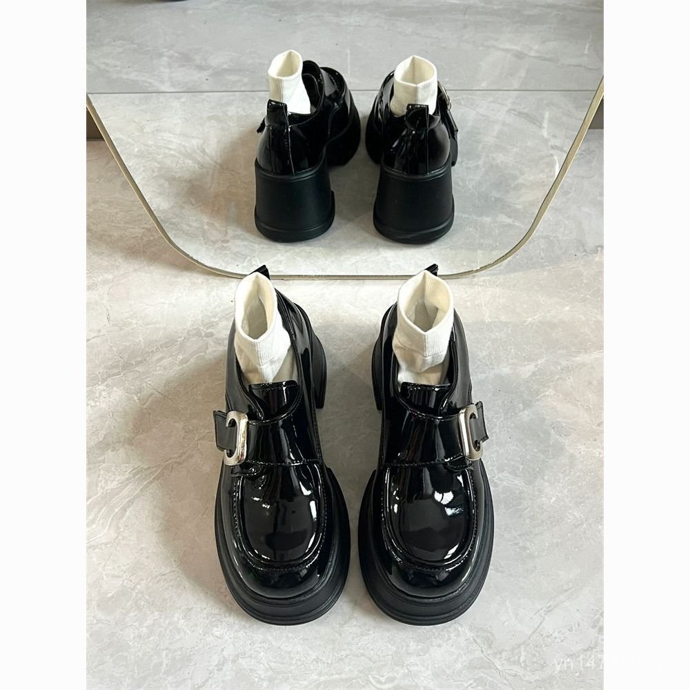 PR ISABEL 6CM ~ Đen Cao Gót Dày Mary Jane Giày Da Nhỏ Nữ Ngắn Le Anh Đế Dày Loafers QRYC