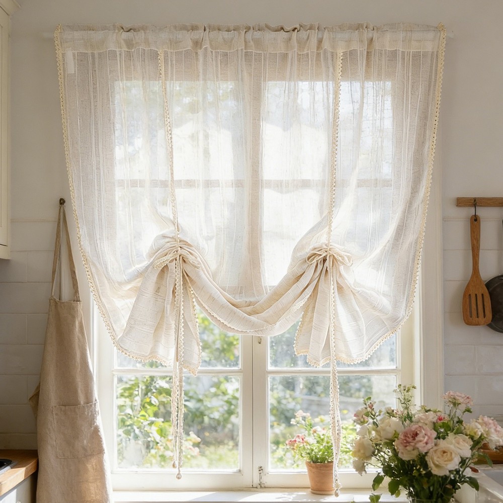Retro Boho Trung Tính Bán Sheer Buộc Bóng Rèm Với Sọc Dọc esign Cho Nhà Bếp Valance Có Thể Nâng Cao 