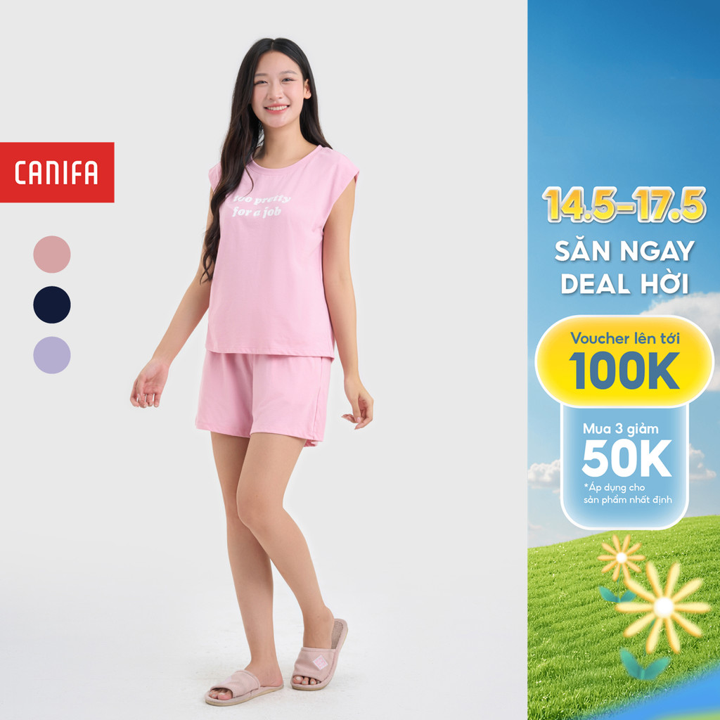 Bộ quần áo nữ CANIFA sát nách quần đùi mềm mát có hình in 6LS25S001