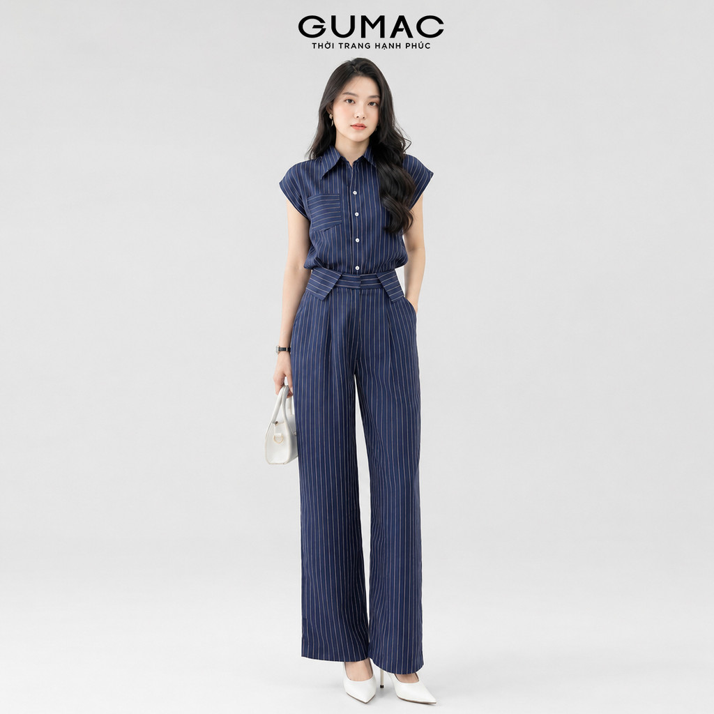 Set lẻ Áo sơ mi nữ tay liền xanh đen sọc thời trang GUMAC LAF0525 - Quần tây nữ suông lưng kiểu LQF0