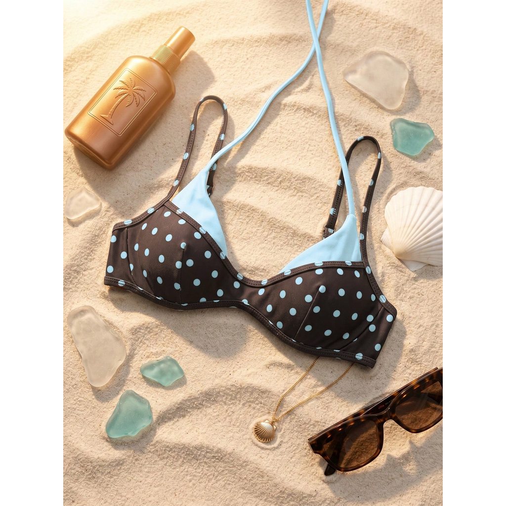 (CÓ SẴN) Áo bikini chấm bi nâu phối xanh baby phong cách retro đi biển sexy nổi bật - KÈM ẢNH THẬT | BigBuy360 - bigbuy360.vn