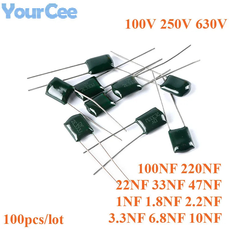100 Chiếc Polyester Phim Tụ Điện 100V 250V 630V 1NF 10NF 47NF 100NF 220NF 2A102 2A103 2A104 2J473J 2