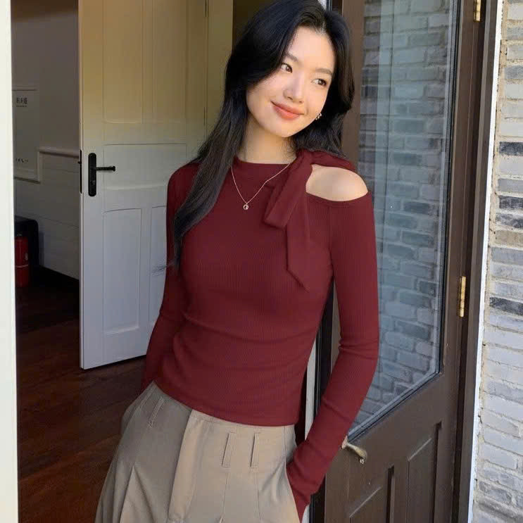 T602 Áo Giữ Nhiệt Lông Thỏ Trễ Vai Thiết Kế Nơ Cách Điệu - T2 Fashion | BigBuy360 - bigbuy360.vn