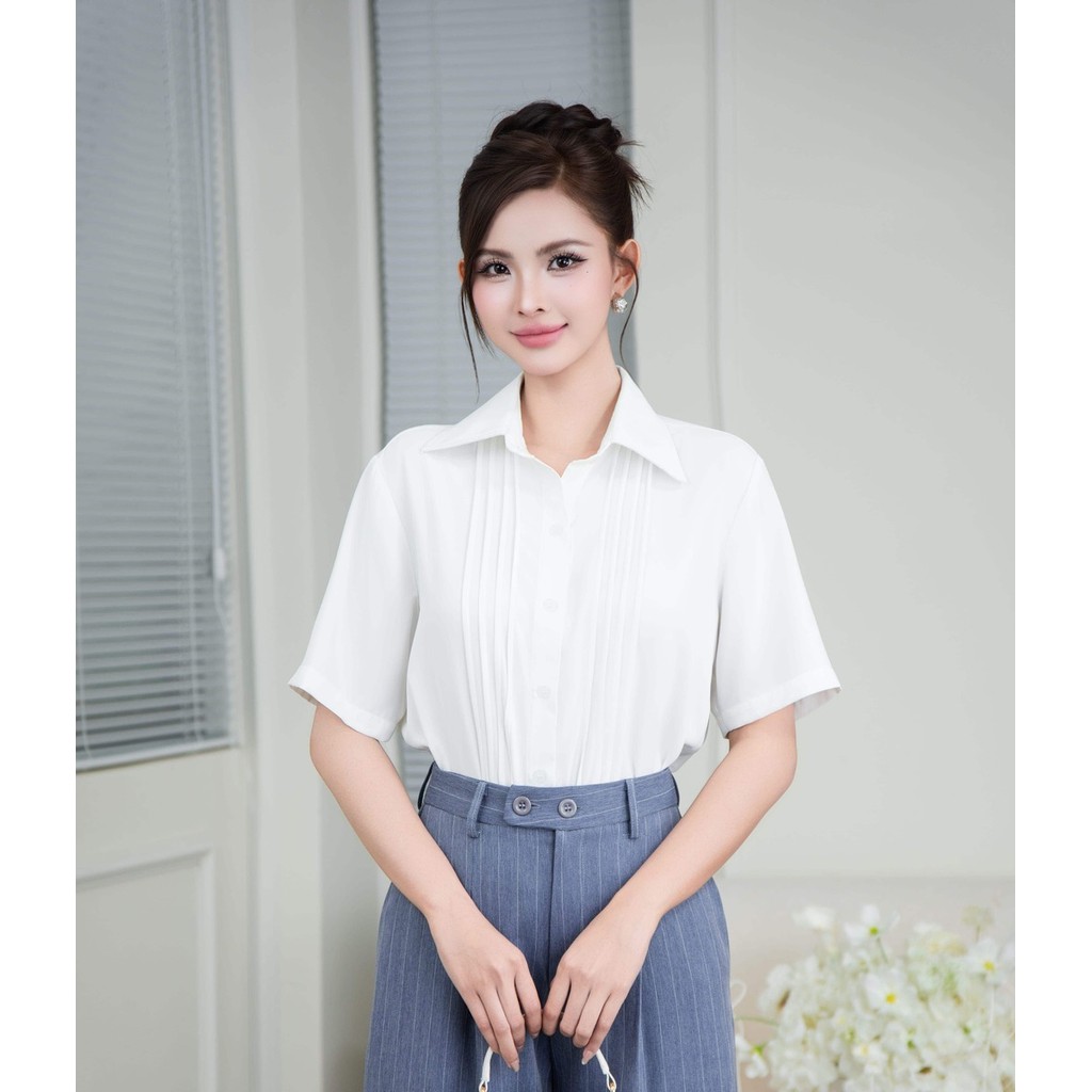 Áo Sơ Mi Cổ Chữ V Tay Ngắn Áo Nữ Thanh Lịch Dễ Phối Đồ A1490