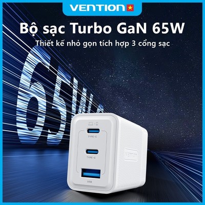 Bộ sạc nhanh VHL-Vention 65W GaN – 2 USB-C + 1 USB-A, hỗ trợ PD 3.0 & QC 4.0, Sạc nhanh cho máy tính xách tay và điện thoại