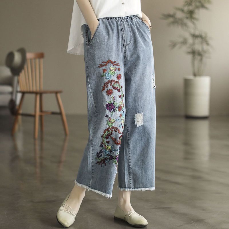 Phong Cách Mỏng Mùa Xuân 2025 Mùa Hè Co Giãn Eo Đến Mắt Cá Chân Denim Dài Quần Dài Nữ Văn Học Retro 